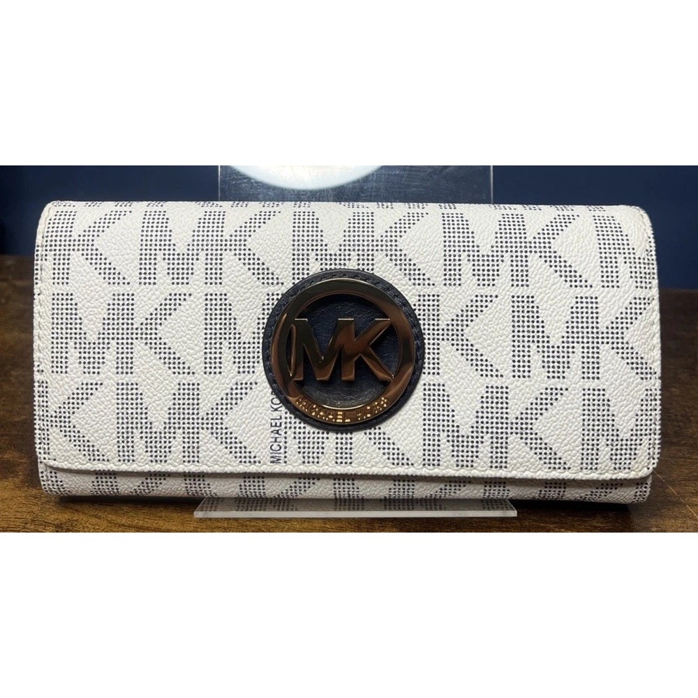 Michael Kors Women's Signature MK Logo Fulton Flap Continental Wallet White Blue